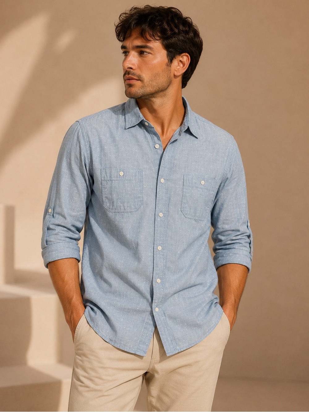 PD&C 100% Cotton Blue Chambray Button Down Shirt Size X- Large XL